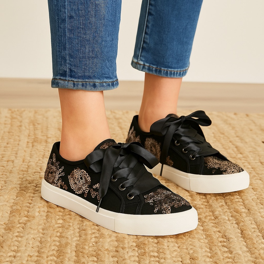 Kaari Blue NEW Black Haven Sequin Ribbon Lace Sneakers Women’s Size 10